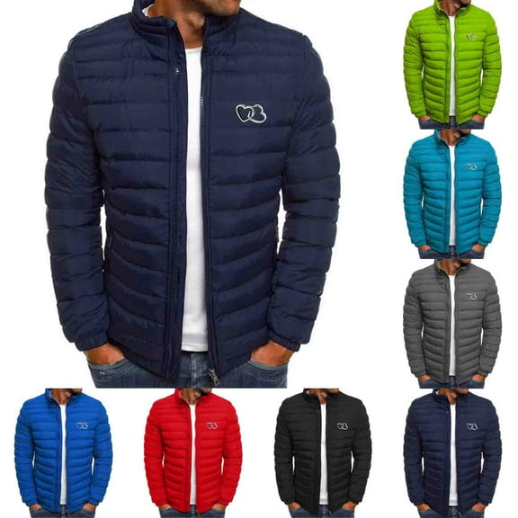 Fashion Winter Warm Jackets for Mens Plus Size Heart Printed Long Sleeved Zipper Pocket Hooded Stand Collar Casual Cotton Jacket Clearance Under 5$!