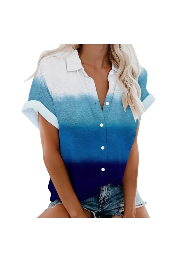 Fashion Woman Causal Button Solid Blouse Short Sleeve T-Shirt Summer Tops Button Down Shirts for Women