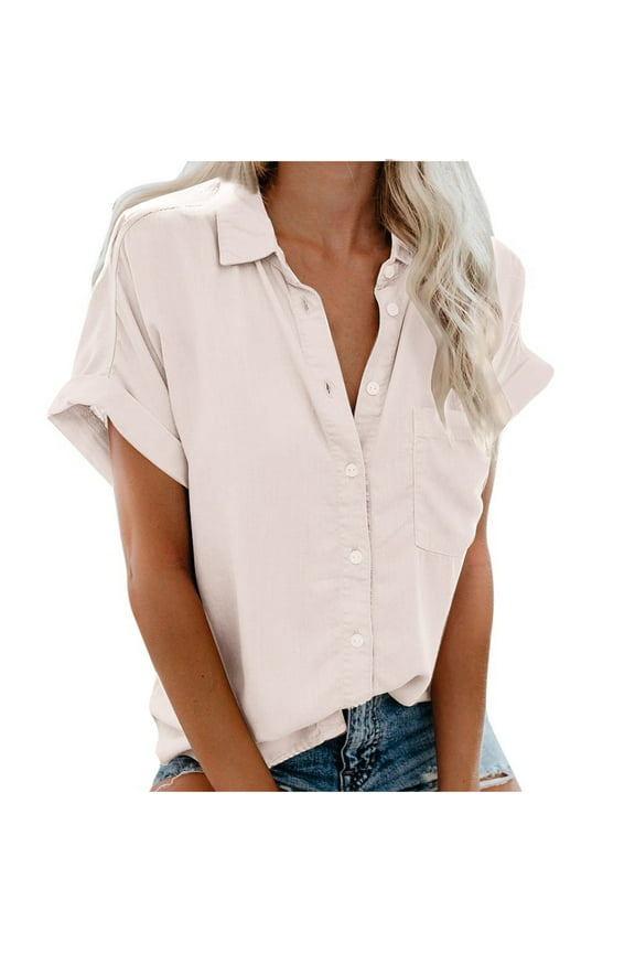 Fashion Woman Causal Button Solid Blouse Short Sleeve T-Shirt Summer Tops Button Down Shirts for Women