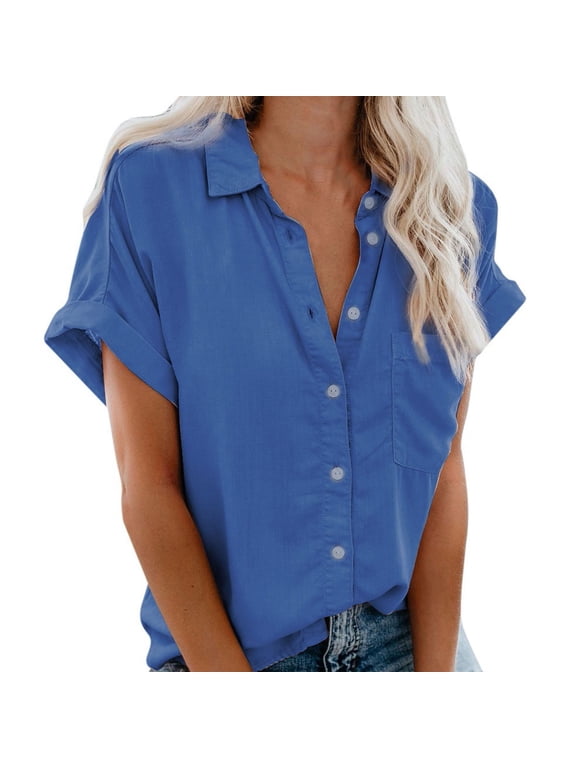 Fashion Woman Causal Button Solid Blouse Short Sleeve T-Shirt Summer Tops Button Down Shirts for Women