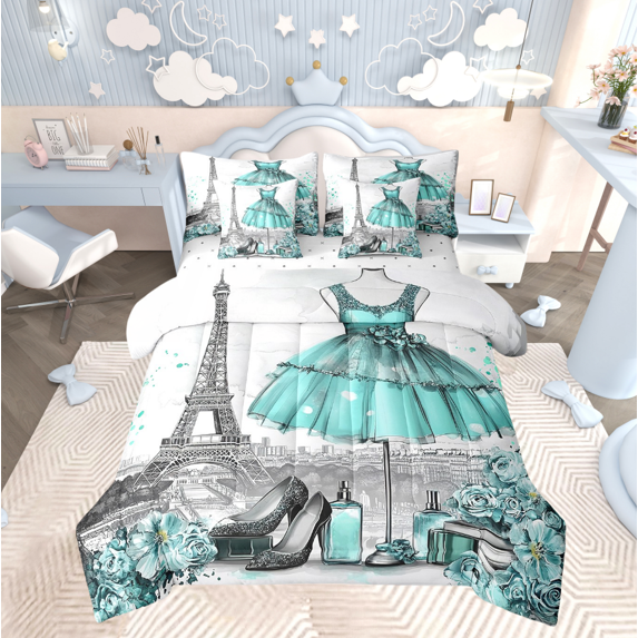 Fashion Woman Dress Bed in a Bag 7 Piece Modern Bedding Sets Full Eiffel Tower Comforter Set with Sheets Teal Dress Perfume Print Bed Set Romantic Makeup Themed Sheets