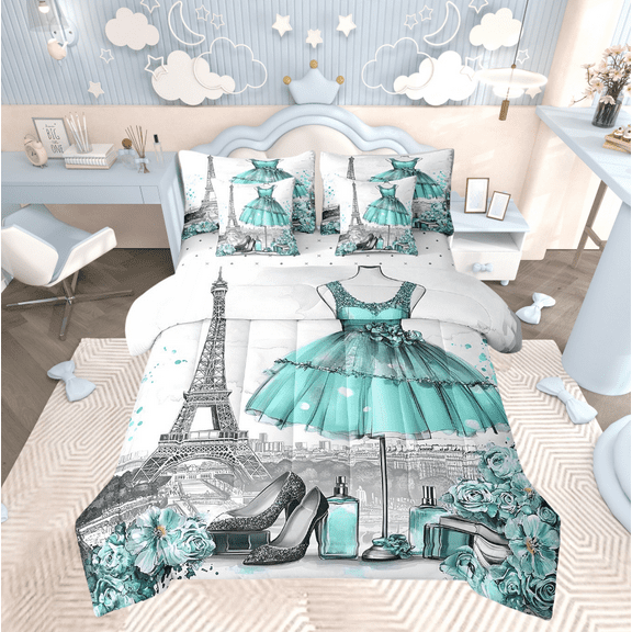 Fashion Woman Dress Bed in a Bag 7 Piece Modern Bedding Sets Queen Eiffel Tower Comforter Set with Sheets Teal Dress Perfume Print Bed Set Romantic Makeup Themed Sheets
