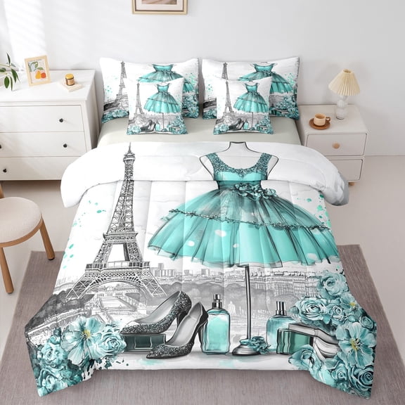 Fashion Woman Dress Bed in a Bag 7 Piece Modern Bedding Sets Twin Eiffel Tower Comforter Set with Sheets Teal Dress Perfume Print Bed Set Romantic Makeup Themed Sheets