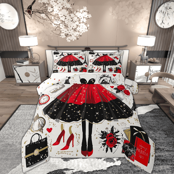 Fashion Woman Dress Comforter Set Golden Polka Dots Bedding Full Size Red Black Dress Decor Bedding Comforter Sets Romantic Makeup Themed Duvet Insert Eiffel Tower Paris Quilt
