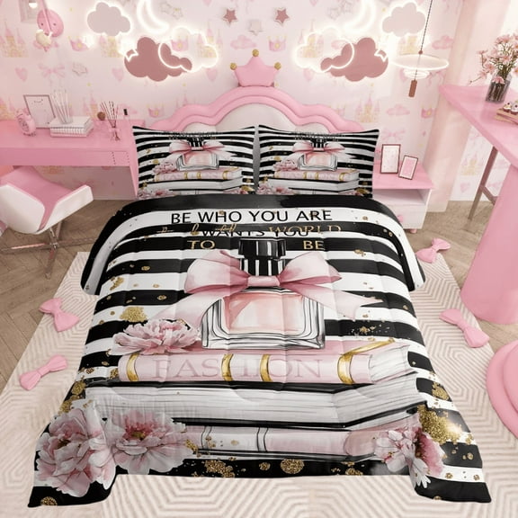 Fashion Woman Dress Comforter Set Golden Polka Dots Bedding Sets Queen Black Decor Bedding Comforter Sets Romantic Makeup Themed Down Comforter Black White Stripe Duvet Sets