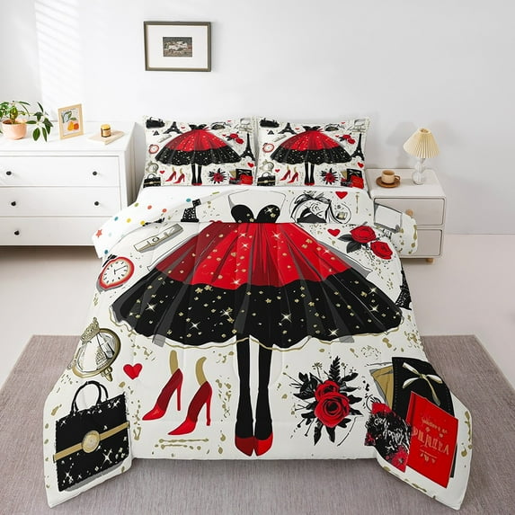 Fashion Woman Dress Comforter Set Golden Polka Dots Bedding Red Black Dress Decor Bedding Comforter Sets Romantic Makeup Themed Duvet Insert Eiffel Tower Paris Quilt