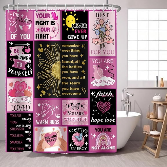Fashion Woman Shower Curtain Pink Inspirational Quote,Flower Heart Sun Motivational Quote Patchwork Fabric Shower Curtains Bathroom Accessories-36"W x 72"L (Pack of 1)