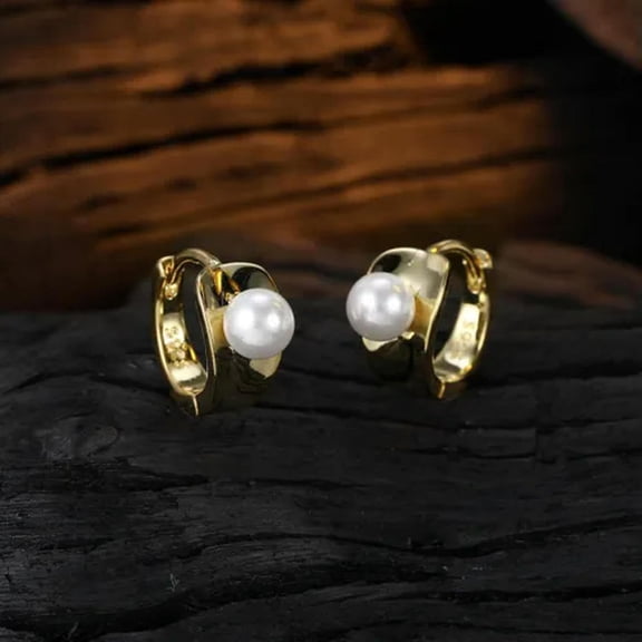 Fashion Women 18K Professional Grade Gold Electroplated 925 Silver Pearl Hoop Earrings-Gold[x577]