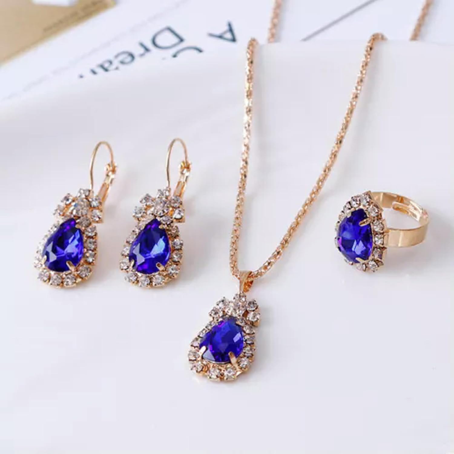 Fashion Women 925 High-Quality Silver Zircon Ring Earrings Necklace Wedding Jewelry Set-Blue[a528]