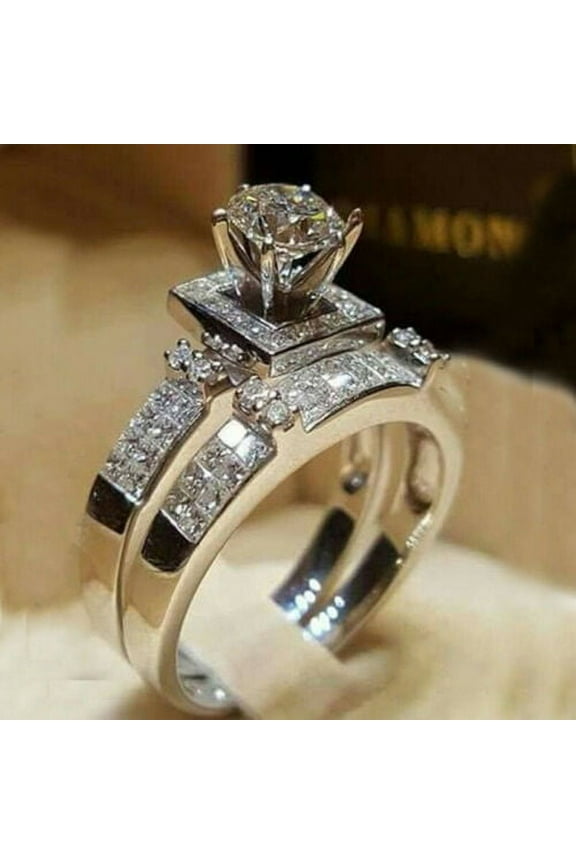 Fashion Women 925 Silver Round Cut White Sapphire Wedding Rings Set