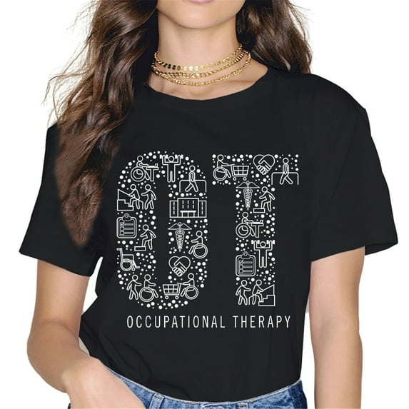 Fashion Women Black T Shirt Short-sleeved Crew Neck Colorful Printed -163761-1