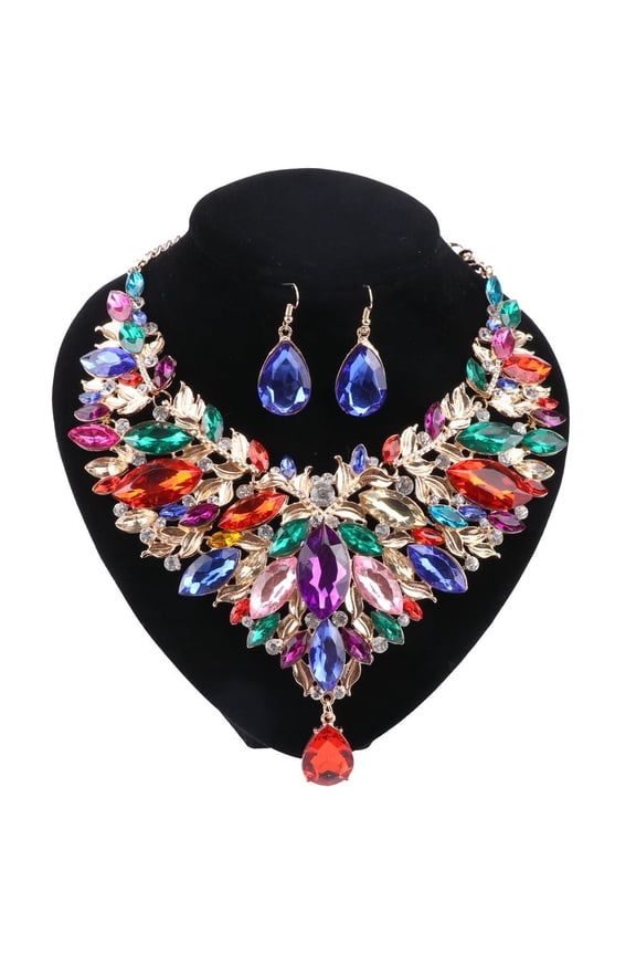 Fashion Women Bridal Choker Statement Crystal Teardrop Necklaces Earring Collar Boho Costume Jewelry Sets