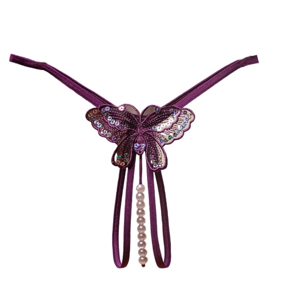 Fashion Women Butterfly Lace Underwear Cutout Pendant Pearls Beads Embellished G-String Thong Underpants Lingerie Gifts