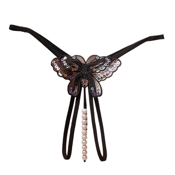 Fashion Women Butterfly Lace Underwear Cutout Pendant Pearls Beads Embellished G-String Thong Underpants Lingerie Gifts