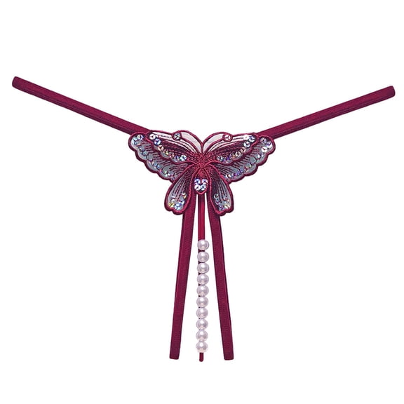 Fashion Women Butterfly Lace Underwear Cutout Pendant Pearls Beads Embellished G-String Thong Underpants Lingerie Gifts