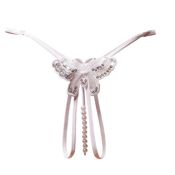 Fashion Women Butterfly Lace Underwear Cutout Pendant Pearls Beads Embellished G-String Thong Underpants Lingerie Gifts