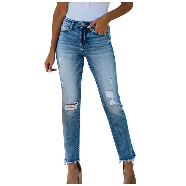 Fashion Women Button Pocket Hole High Waist Denim Pants Skinny Slim Casual  Jeanswomen's slim bootcut jeans women's low jeans women's jeans size 12