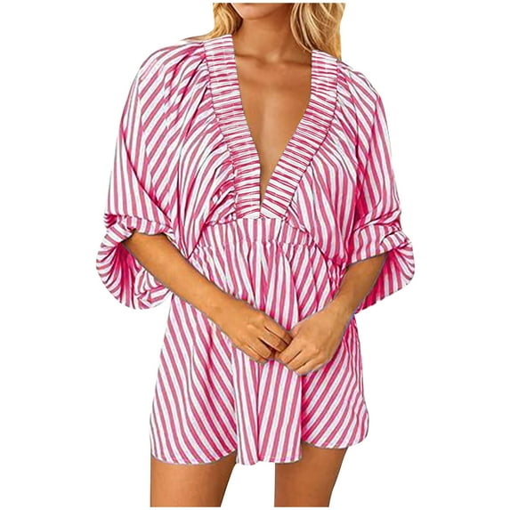 Fashion Women Casual 3/4 Sleeve Short Jumpsuit Pants Printing Jumpsuits Wide Loose Pant