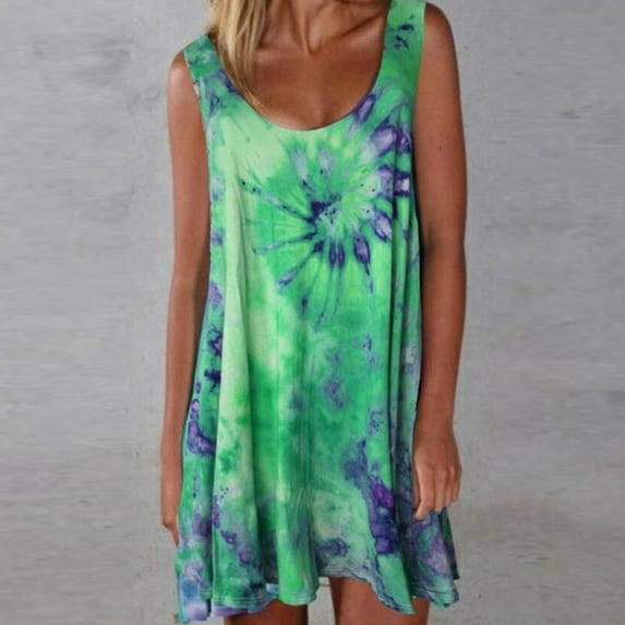 Fashion Women Casual Colorful Tie-dye Print Sleeveless O-Neck Vest Loose Dress Floral Dresses Casual Petite Dresses for Women Casual Long Sleeve Womens Dresses Long Sleeve Casual Swing Dress Wrap