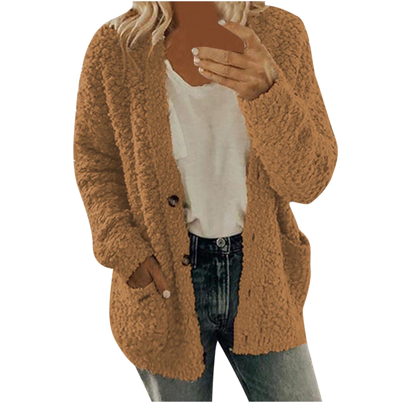 Fashion Women Casual Long Sleeve Button Solid Pocket Cardigan Tops Blouse Plush Coat Casual Cardigan Coat Lightweight for Fall Winter