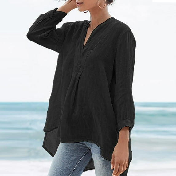 Fashion Women Casual Loose Long Sleeve V-Neck and Linen Tops T-shirt Workout Tops for Women Loose Fit Womens Shirts Summer Shirt for Juniors Womens Loose Tops Casual Running Shirts Women Athletic Wear