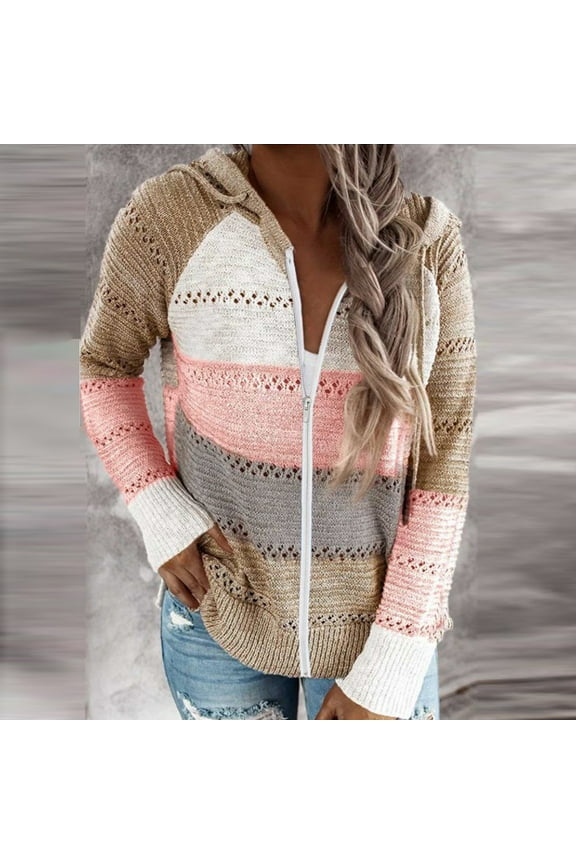 Fashion Women Casual Patchwork Long Sleeves Hooded Sweater Cardigan Blouse Tops Tan Sweater Women Cardigan Light Knit Cardigans for Women Long Wrap Cardigans for Women Big Soft Sweaters for Women Get