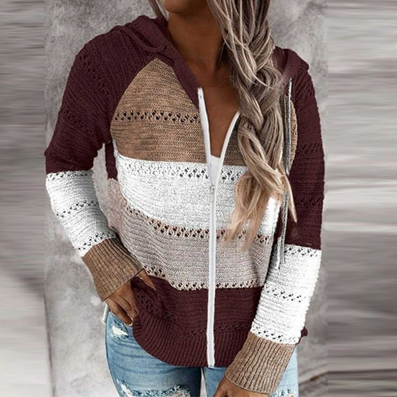 Fashion Women Casual Patchwork Long Sleeves Hooded Sweater Cardigan Blouse Tops Tan Sweater Women Cardigan Light Knit Cardigans for Women Long Wrap Cardigans for Women Big Soft Sweaters for Women Get