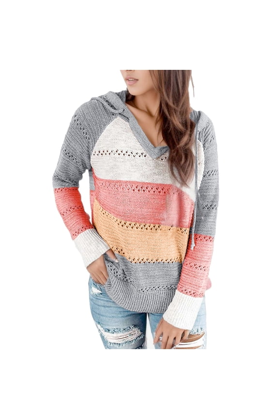 Fashion Women Casual Patchwork V-Neck Long Sleeves Women Long Hoodies Hooded Sweater Blouse Tops Casual Womens Hoodies Casual Womens Hoodies Zip Front Sweatshirt Fall Sweatshirts Long Zip Sweatshi