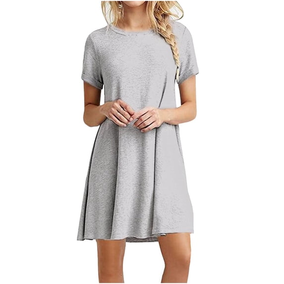 Fashion Women Casual Short Sleeve Solid Dresses Ladies Loose Mini Dress Gray L