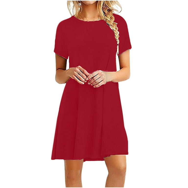 Fashion Women Casual Short Sleeve Solid Dresses Ladies Loose Mini Dress Red  L 