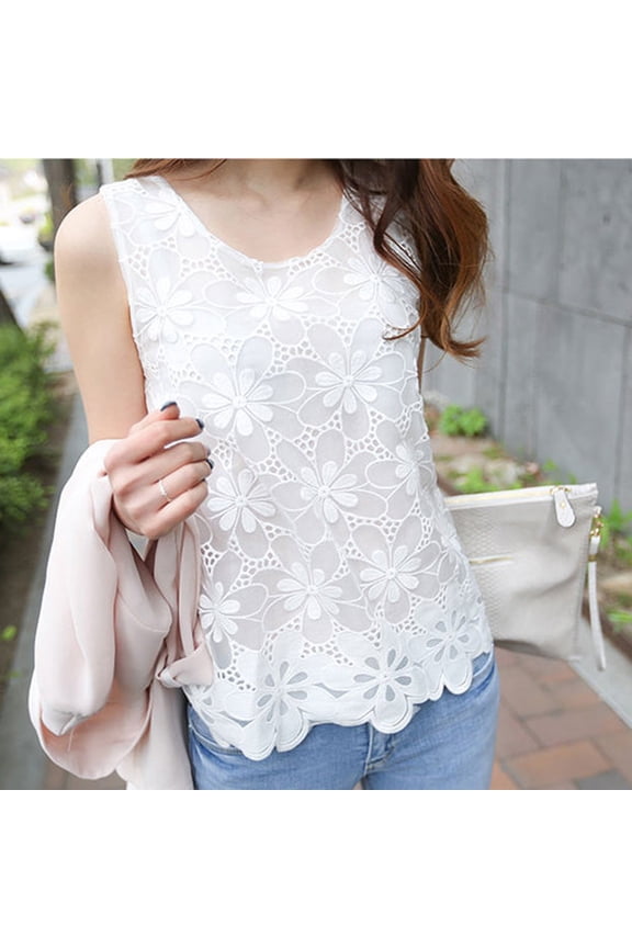 Fashion Women Casual Sleeveless Vest O-Neck Floral Lace Slim Tops Stretch Top Women Camisole Tall Long Camisole Muscle Tee Women Fitted T Shirt Graphic Beach Tops for Women Cute Summer Tops Womens