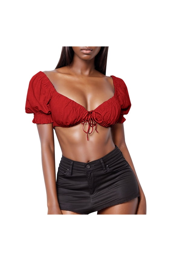 Fashion Women Casual Solid Bandage Puff Sleeve Vest Shorts Tops