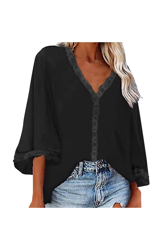Fashion Women Casual Spring Summer Lace V-Neck Trumpet Sleeve Overhead Feather Solid Color Loose T-Shirt Blouse, Lightweight and Elegant, Perfect for Casual or Work Outfits, Breathable