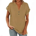 thumbnail image 1 of Short Sleeve Tops for Women Fashion Solid Button Shirt Female V-Neck Loose T-shirt Blouse Beige L, 1 of 9