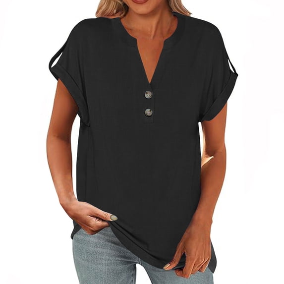Womens Work Tops Women's Fashion Solid Button Shirt Female V-Neck Loose T-shirt Blouse Black 2XL