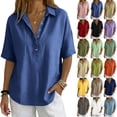 thumbnail image 1 of Short Sleeve Tops for Women Fashion Solid Button Shirt Female V-Neck Loose T-shirt Blouse Sky Blue S, 1 of 8