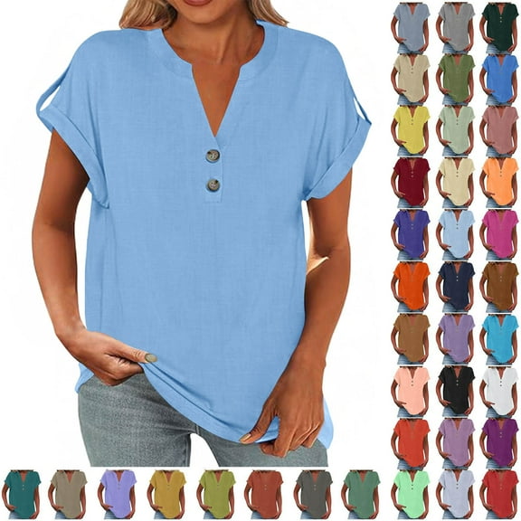 Short Sleeve Tops for Women Fashion Solid Button Shirt Female V-Neck Loose T-shirt Blouse Sky Blue S
