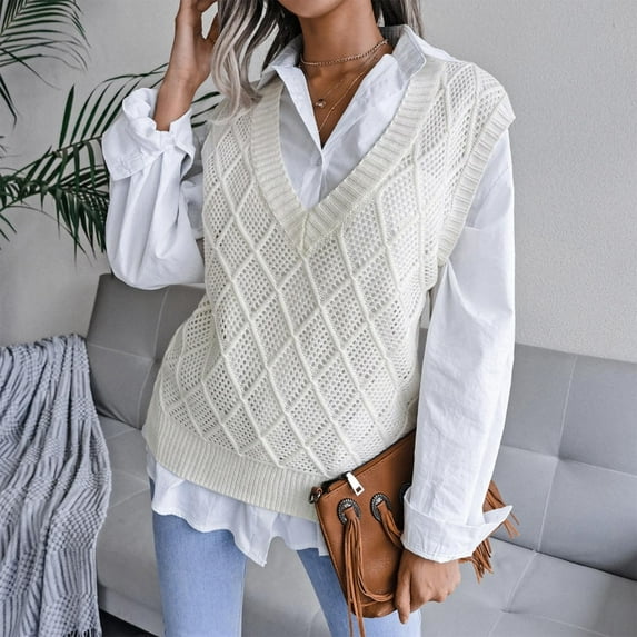 Fashion Women Casual V-Neck Hollow Knitted Vest Sweater Vest On Seasonal Clearance White 4(S)