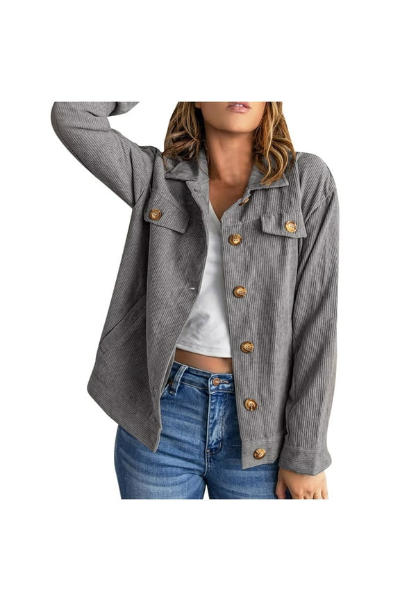 Fashion Women Corduroy Jacket Turn Down Collar Long Sleeve Pockets Button Up Coat