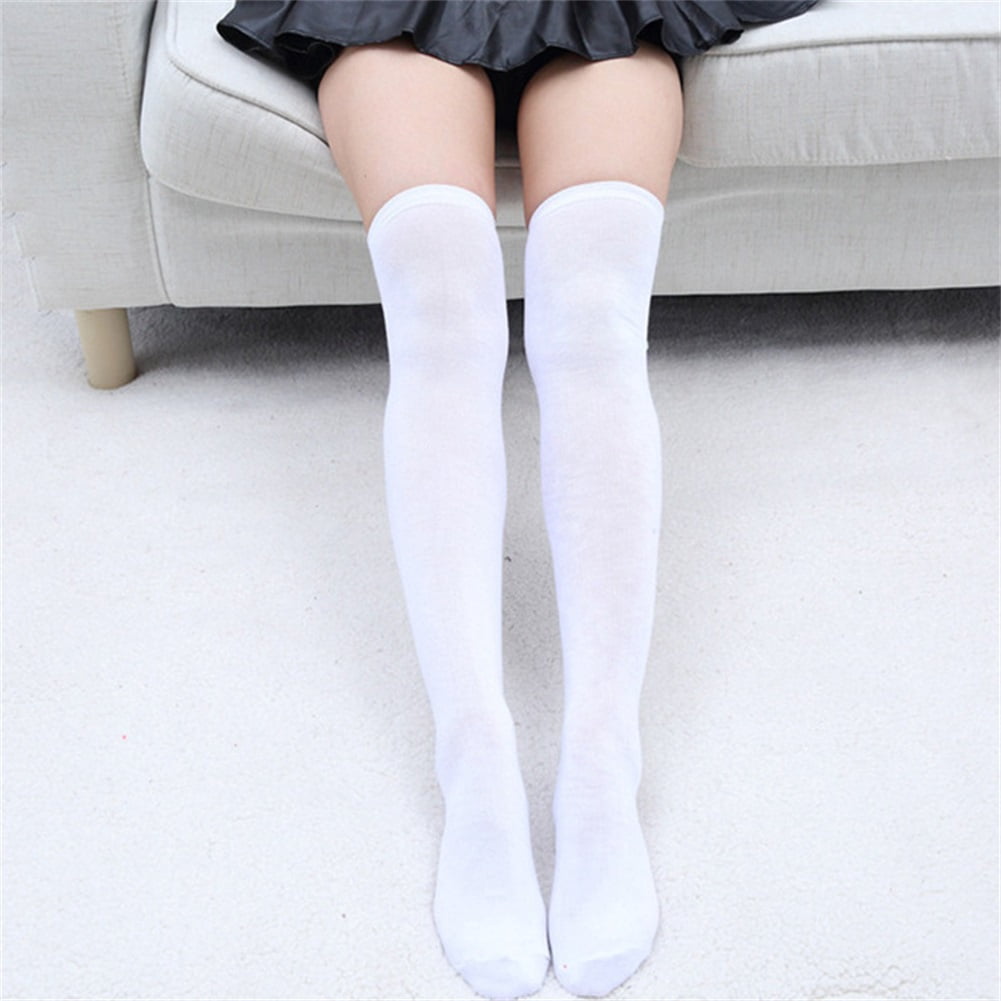 Fashion Women Cotton Blend Over The Knee Long Socks Solid Thigh High Stocking Socks - White