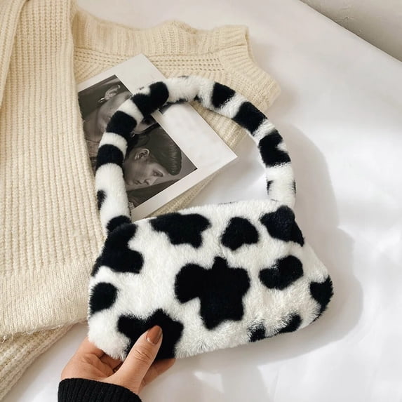 Fashion Women Cow Print Mini Shoulder Bags Female Winter Plush Underarm Bags Leopard Zebra Pattern Fluffy Tote Bags Small Purses Cow Print D 26x14x3CM