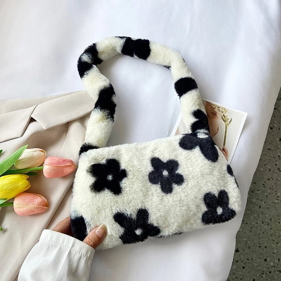 Fashion Women Cow Print Mini Shoulder Bags Female Winter Plush Underarm Bags Leopard Zebra Pattern Fluffy Tote Bags Small Purses Flower White C 26x14x3CM