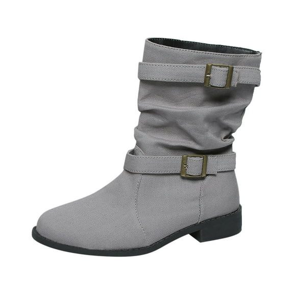 Xiaoxatg Fashion Women Flock Solid Color Autumn Square Heels Zipper Round Toe Mid-Calf Boots for Stylish Comfort 7 Grey