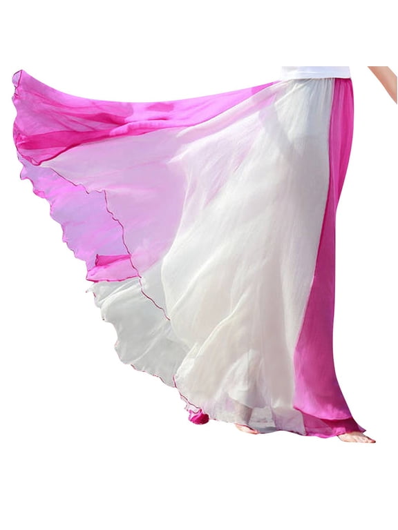 Fashion Women Full Circle Skirt Flowing Color Matching Chiffon Bohomian Skirt Club Basic Leisure Dailywear,One Size,Hot Pink