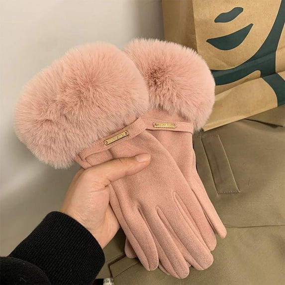Fashion Women Gloves Autumn Winter Cute Furry Warm Mitts Full Finger Mittens Female Outdoor Sport Cycling Gloves (Pink,One Size)