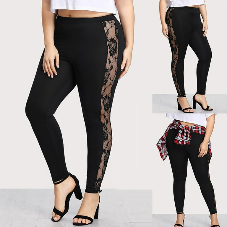 Fashion Women High Waist Lace Plus Size Yoga Sport Pants Leggings Trousers  Black XXL 