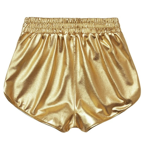 Fashion Women High Waist Yoga Sport Pants Shorts Shiny Metallic Pants Leggings, Solid Color Shorts Banded Waist Women's Gold