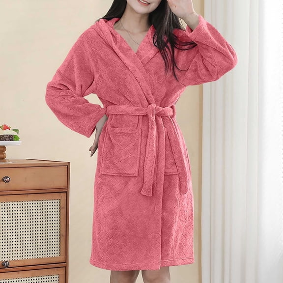 Fashion Women Hooded Fleece Robe, Belt Waist Cardigan Short Robes with Pockets Soft Winter Warm Spa Bathrobe One Size