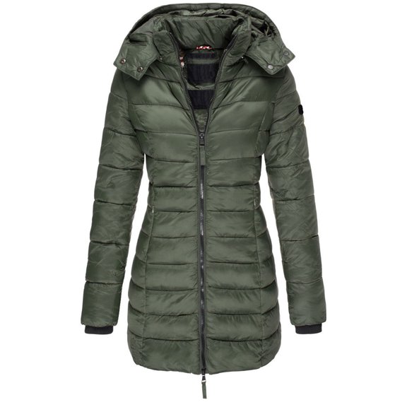 Fashion Women Hooded Removable Outwear Ladies Warm Coat Long Padded Slim Jacket for Winter, in Army Green, Size M
