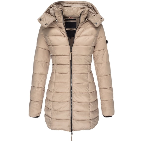 Fashion Women Hooded Removable Outwear Ladies Warm Coat Long Padded Slim Jacket for Winter, in Beige, Size XXL